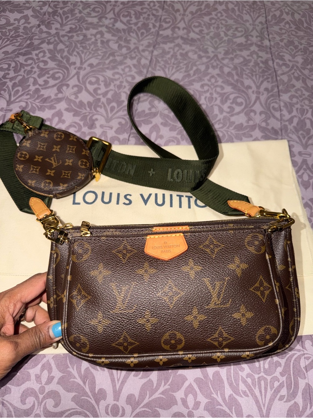 Louis Vuitton Monogram Multi-Pochette with Olive Green Strap and Tan Accents